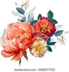 Vector bouquet of flowers. Roses, peonies, rose hips, foliage, bright summer flowers. Rose, peony