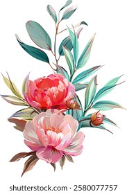 Vector bouquet of flowers. Roses, peonies, rose hips, foliage, bright summer flowers. Rose, peony