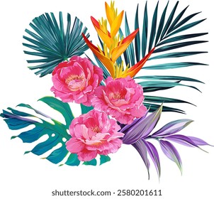 Vector bouquet of flowers. Roses, peonies, rose hips, foliage, bright summer flowers. Rose, peony