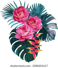 Vector bouquet of flowers. Roses, peonies, rose hips, foliage, bright summer flowers. Rose, peony