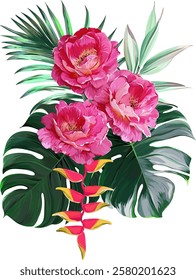 Vector bouquet of flowers. Roses, peonies, rose hips, foliage, bright summer flowers. Rose, peony