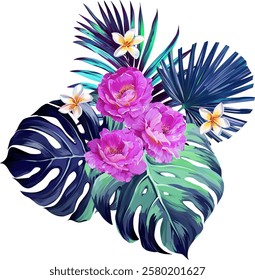 Vector bouquet of flowers. Roses, peonies, rose hips, foliage, bright summer flowers. Rose, peony