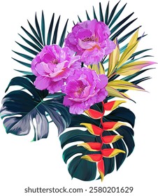 Vector bouquet of flowers. Roses, peonies, rose hips, foliage, bright summer flowers. Rose, peony