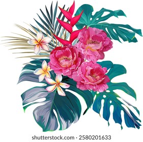 Vector bouquet of flowers. Roses, peonies, rose hips, foliage, bright summer flowers. Rose, peony
