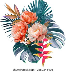 Vector bouquet of flowers. Roses, peonies, rose hips, foliage, bright summer flowers. Rose, peony