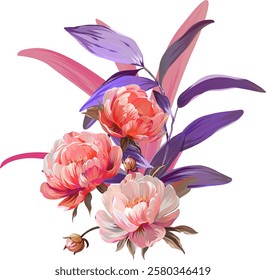 Vector bouquet of flowers. Roses, peonies, rose hips, foliage, bright summer flowers. Rose, peony