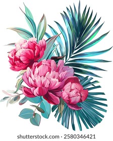 Vector bouquet of flowers. Roses, peonies, rose hips, foliage, bright summer flowers. Rose, peony