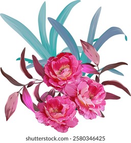 Vector bouquet of flowers. Roses, peonies, rose hips, foliage, bright summer flowers. Rose, peony