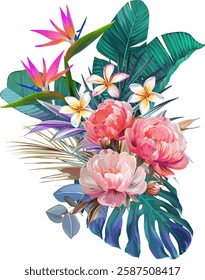Vector bouquet of flowers. Roses, peonies, rose hips, foliage, bright summer flowers. Rose, peony