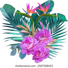 Vector bouquet of flowers. Roses, peonies, rose hips, foliage, bright summer flowers. Rose, peony