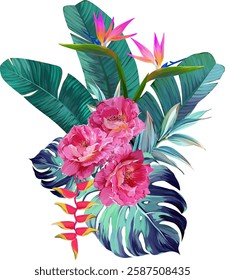 Vector bouquet of flowers. Roses, peonies, rose hips, foliage, bright summer flowers. Rose, peony