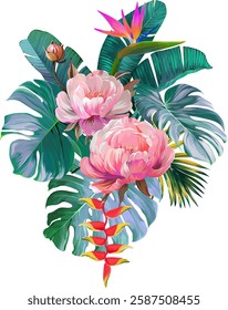 Vector bouquet of flowers. Roses, peonies, rose hips, foliage, bright summer flowers. Rose, peony