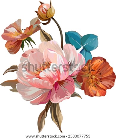 Vector bouquet of flowers. Roses, peonies, rose hips, foliage, bright summer flowers. Rose, peony