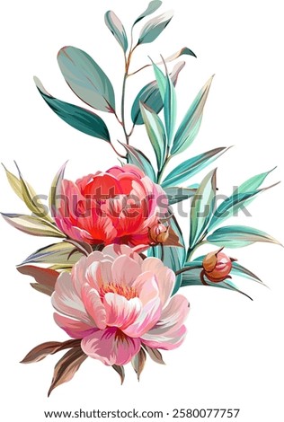 Vector bouquet of flowers. Roses, peonies, rose hips, foliage, bright summer flowers. Rose, peony