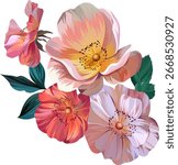 Vector bouquet of flowers. Summer bouquet of flowers. Rose, rose hip, tea rose