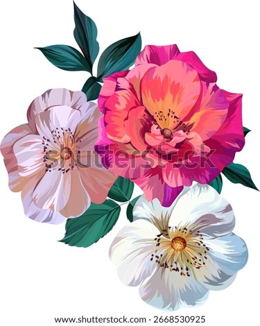 Vector bouquet of flowers. Summer bouquet of flowers. Rose, rose hip, tea rose