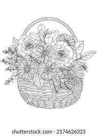 Vector bouquet of flowers in a wicker basket. Coloring book for adults basket with flowers.