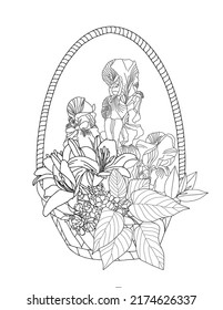 Ramo vectorial de flores en una canasta de mimbre. Libro de Colores para adultos cesta con flores.