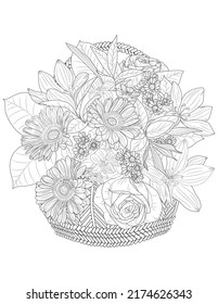 Ramo vectorial de flores en una canasta de mimbre. Libro de Colores para adultos cesta con flores.
