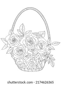 Vector bouquet of flowers in a wicker basket. Coloring book for adults basket with flowers.