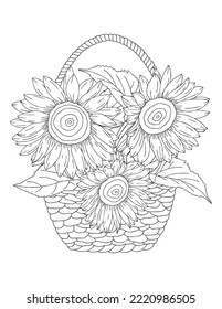 Vector bouquet of flowers in a wicker basket. Coloring book antistress for adults basket with flowers.