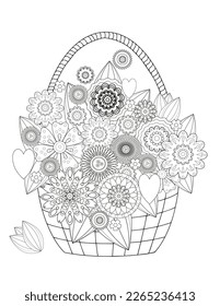  Ramo vectorial de flores en una cesta de mimbre. Antiestrés del libro de colores para adultos cesta con flores 