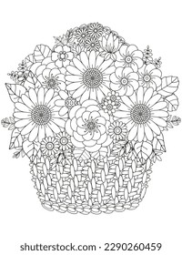 Ramo vectorial de flores en una cesta de mimbre. Antiestrés del libro de colores para adultos cesta con flores 