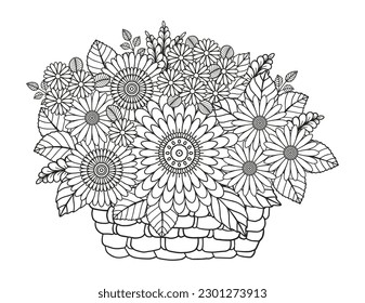   Vector bouquet of flowers in a wicker basket. Coloring book antistress for adults basket with flowers