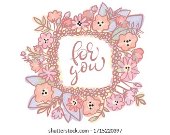 Vector bouquet of flowers. Wreath in a circle of flowers and leaves. Vegetable postcard pattern