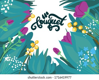 Vektorillustration Blumenstrauß. Kranz in einem Kreis von Blumen und Blättern. Muster der pflanzlichen Postkarte
