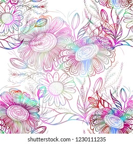 Vector. Bouquet of flowers.Seamless background. Decorative composition in the grettage technique.A collage of flowers and leaves on a white background. Use printed materials, signs, maps.