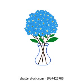 Vector bouquet of forget-me-nots in a vase on a white background. Beautiful flowers for design of postcards, poster, clothes.