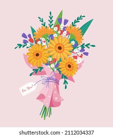 Vector bouquet gerbera, of red, orange, yellow, blue and purple flowers isolated on a pink background. March 8 Valentine's Day