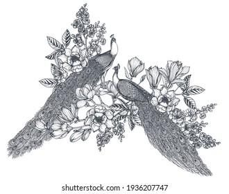 Vector bouquet of hand drawn peacocks, doodle magnolia and sakura flowers. Beautiful romantic elegant floral composition for wedding invitation, greeting card, coloring book
