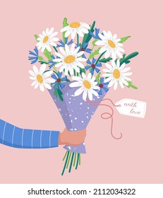 Vector bouquet hand holding chamomile, of red, orange, yellow, blue and purple flowers isolated on a pink background. March 8 Valentine's Day