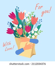 Vector bouquet hand holding tulips in the package, of red, orange, yellow, blue and purple flowers isolated on a blue background. March 8 Valentine's Day