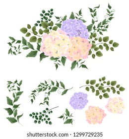 Vector bouquet of hydrangea and greenery. All elements are isolated on white background.
