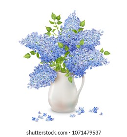 Vector bouquet of lilac in a vase with fallen flowers on white background