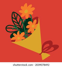Vector bouquet of orange flowers, isolated on a red background. Gift for wedding, date, women’s day and holiday. Flat illustration