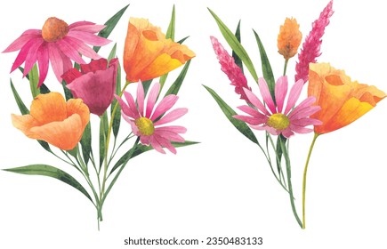 Vector bouquet with orange Watercolor california poppies, dried flowers and cosmos flowers isolated on white background. Hand painted illustration to design invitations, postcards and other print.