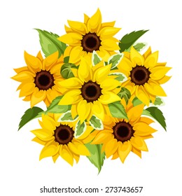 Vector bouquet of orange and yellow sunflowers isolated on a white background.