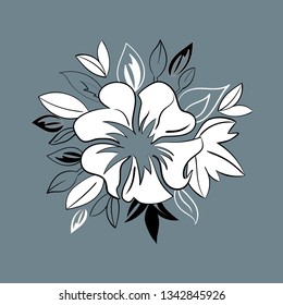 Vector bouquet with outline flower bunch, bud and ornate leaves in black and white isolated on grey background. Floral with flower in contour style for spring design. Vector eps 10
