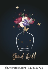 Vector bouquet of peonies in a vase isolated on a dark background with Good luck inscription. Vector illustration