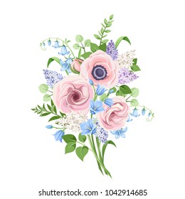 Vector bouquet of pink, blue and purple flowers isolated on a white background.