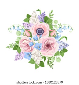 Vector bouquet of pink, blue and purple flowers isolated on a white background.