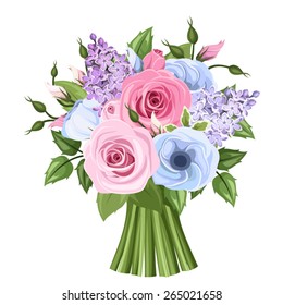 Vector bouquet of pink, blue and purple roses, lisianthus and lilac flowers and green leaves.