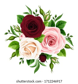 Vector bouquet of pink, burgundy and white roses isolated on a white background.