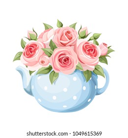 Vector bouquet of pink English roses in a blue teapot isolated on a white background.