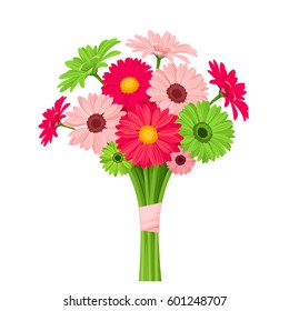 Ramo vectorial de flores gerbera rosas y verdes aisladas en un fondo blanco.