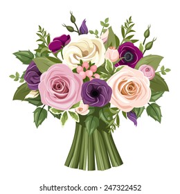 Vector bouquet of pink, purple, white and orange roses, lisianthus and anemone flowers and green leaves.